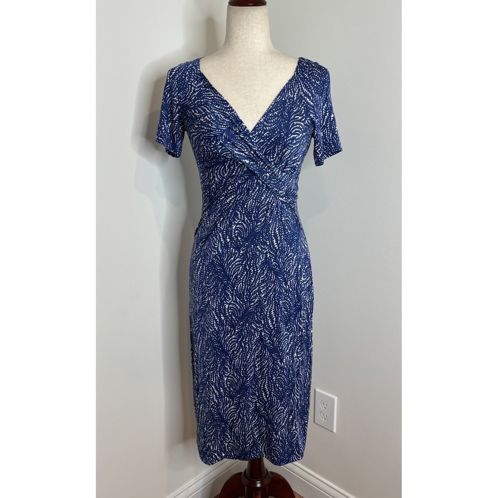 Max Mara Blue Faux Wrap Dress Shirt Sleeve Women's 42 US Size 8 Made In Italy